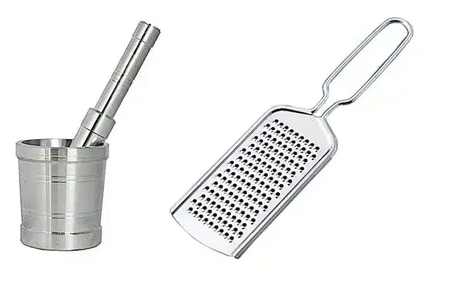 Stainless Steel Mortar and Pestle Set with Grater, Silver, Set of 2