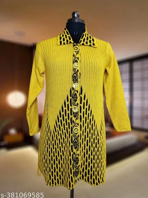 Woolen Printed Sweater for Women (Yellow, Free Size)