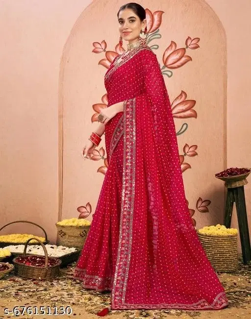 Chiffon Embellished Saree For Women, Red