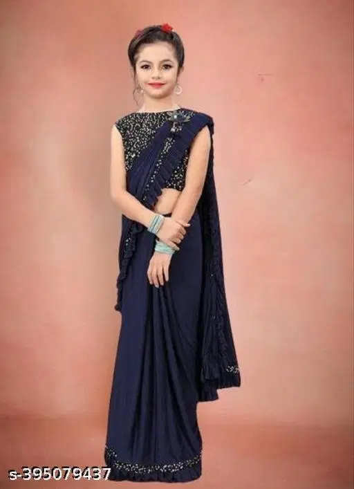 Lycra Solid Saree for Girls (Navy Blue, 6-7 Years)