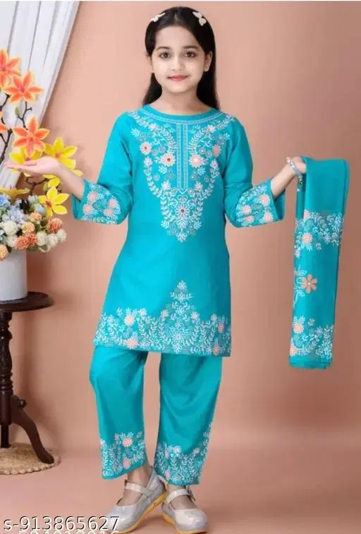Cotton Kurta Set for Girls (Aqua Blue, 10-11 Years)