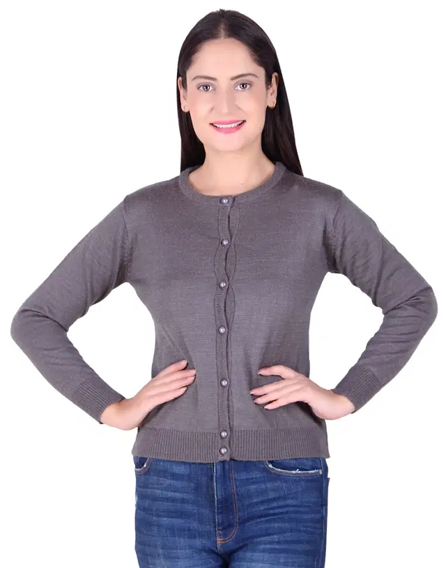 Round Neck Solid Cardigans for Women (Dark Grey, L)