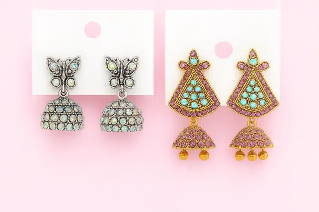 Women's Designer Gold & Silver-Tone Fancy Jhumka Earrings Set, Pack of 2