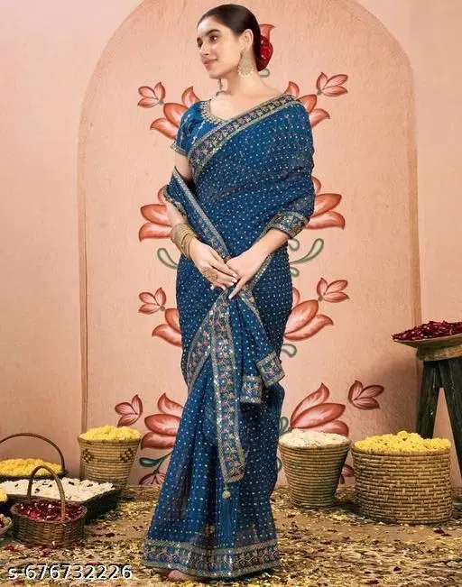 Chiffon Embroidered Saree For Women, Blue
