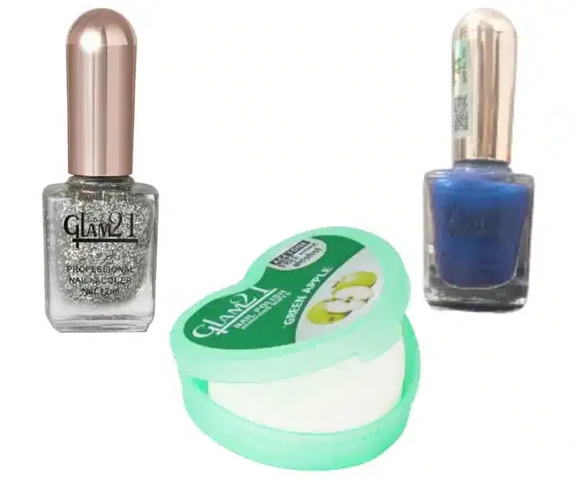 Glam21 2 Pcs Nail Polish with Nail Polish Remover Wipes, Blue & Silver, Set of 3