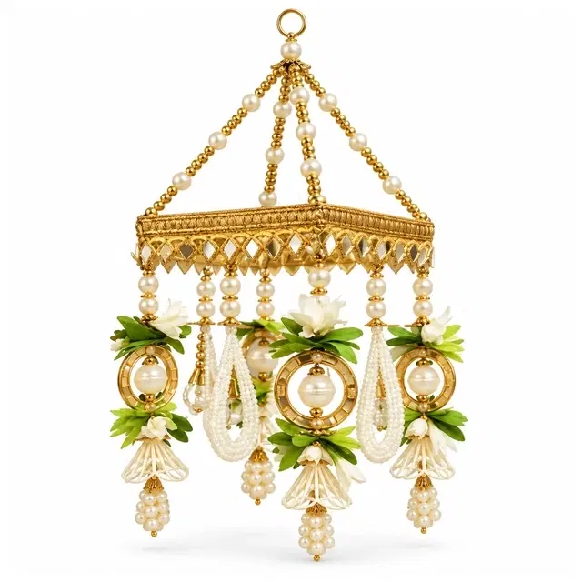 Golden Square Dome Jhoomar With White Floral And Pearl Loop Danglers