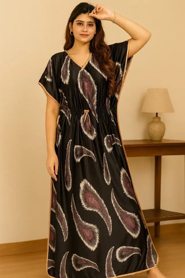 Women's Black AOP Sleepwear Kaftan Nighty, Pack of 1 (L)