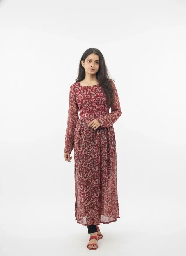 Kalamkari Printed Flared Georgette Kurti for Women (Maroon, XS)