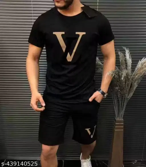 Chest Print Co-Ord Set Set for Men, Black (L)