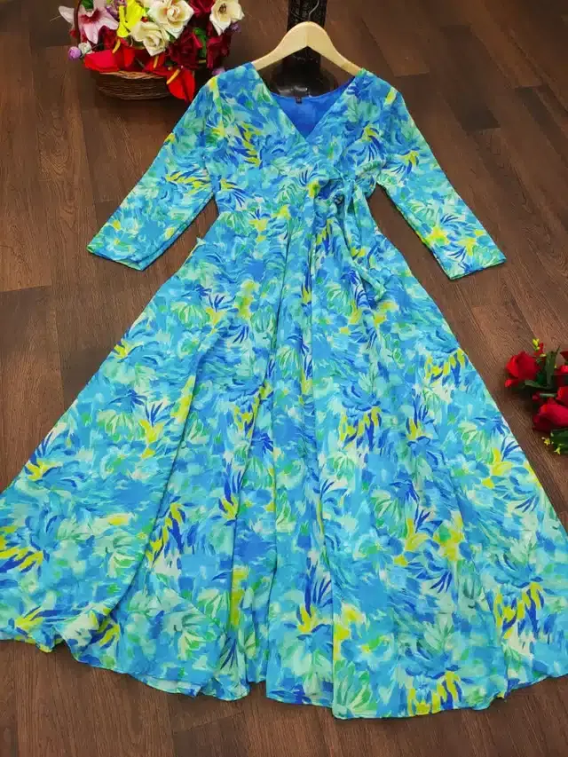Women's Floral Printed Anarkali Flared Gown (Aqua Blue, M)