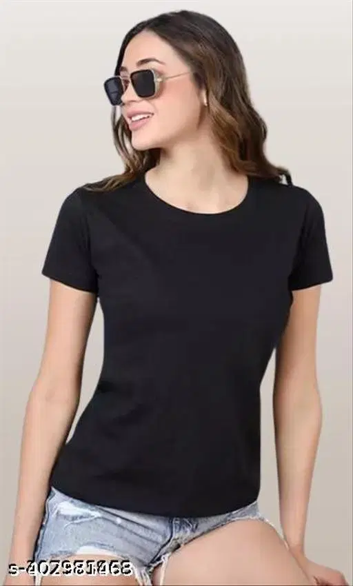 Cotton Blend Solid T-Shirt for Women, Black (S)