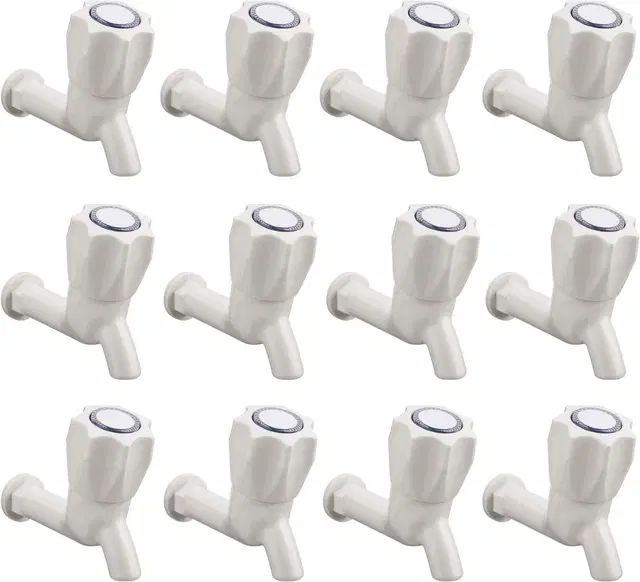 Plastic Short Body Bib Cock Tap with Wall Flange, White, Set of 12