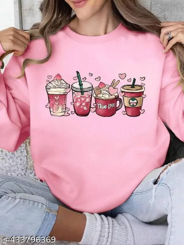 Fleece Printed Sweatshirt for Women (Pink, M)