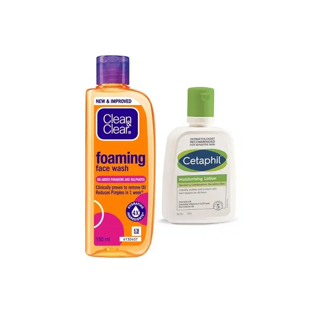 Clean & Clear Foaming Facewash, 150 ml with Cetaphil Moisturiser, 125 ml, Set of 2