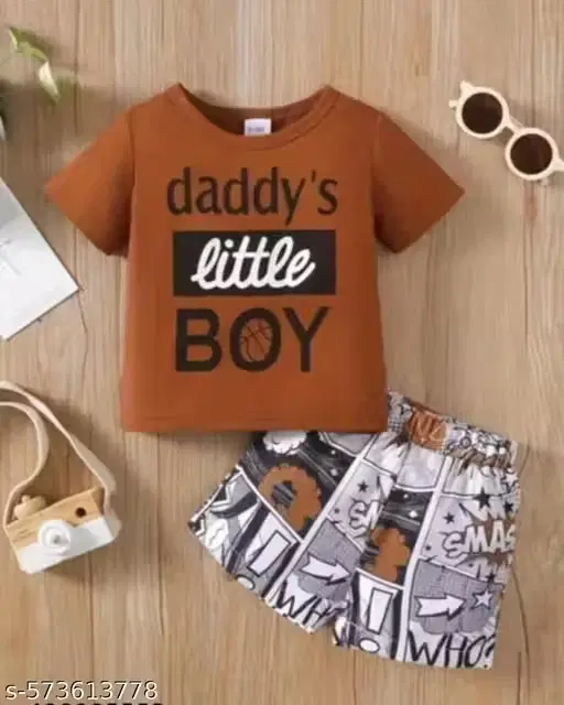 Daddy's Little Boy Polycotton Clothing Set for Boys ,Brown & Grey (12-18 Months)