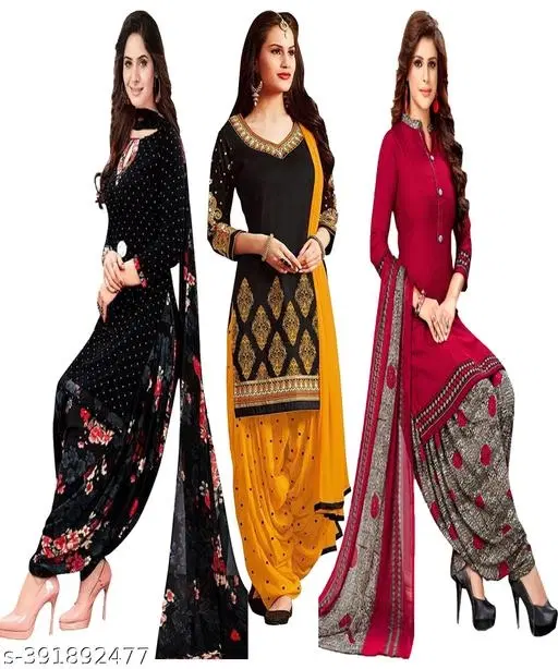 Crepe Printed Unstitched Suits for Women, Pack of 3 (Multicolor, Un Stitched)