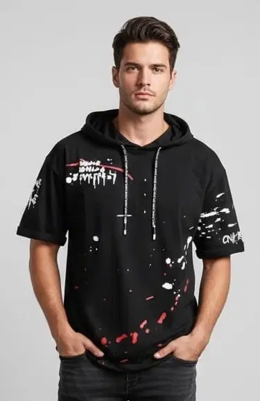 Polyester Printed T-shirt for Men, Black (XL)