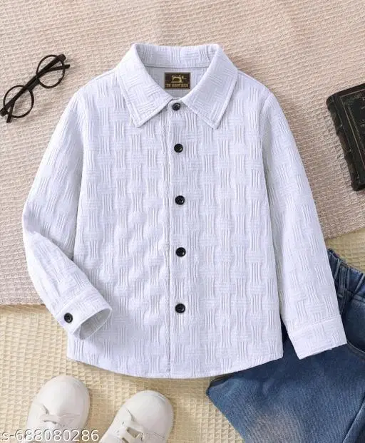 Self Design Cotton Blend Long Sleeves Polo for Boys (White, 2-3 Years)