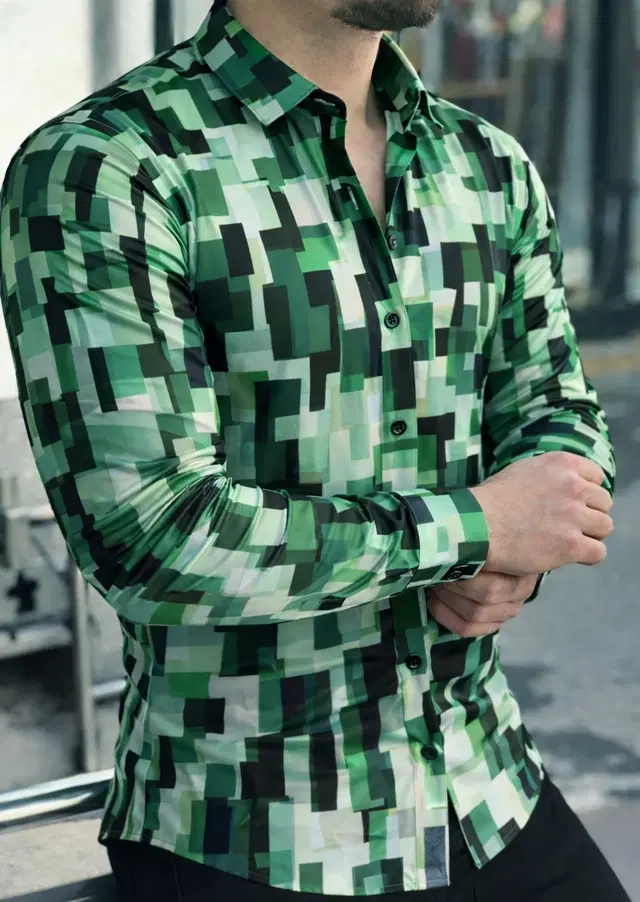 Lycra Geometric Print Shirt for Men, Green (S)