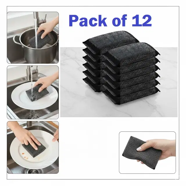 Stainless Steel Scrub Pad, Black, Pack of 12