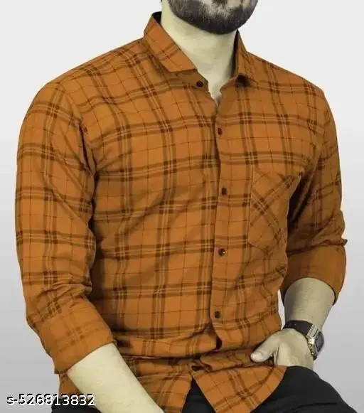 Cotton Blend Checked Shirt for Men, Mustard (L)