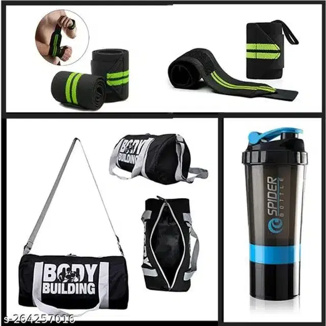 Combo of Gym Bag with Shaker Bottle, 400 ml, Wrist Support Bands, Multicolor, Set of 3