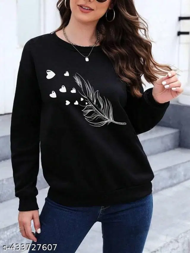 Fleece Printed Sweatshirt for Women (Black, L)