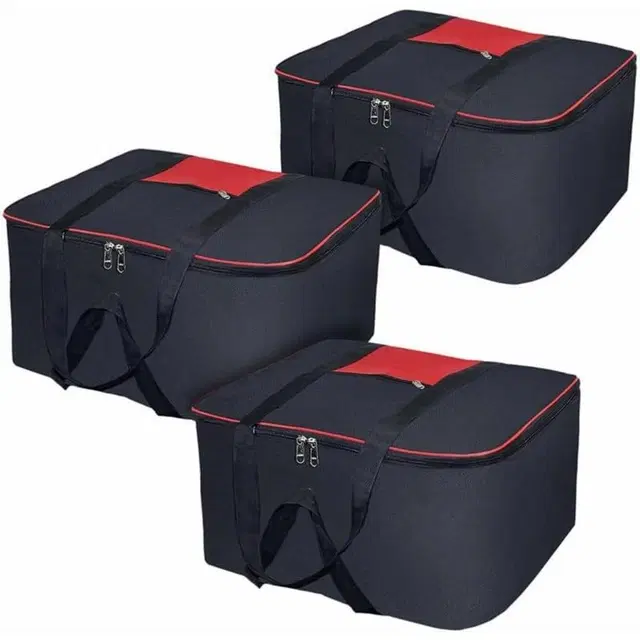 Underbed Storage Bag Moisture Proof Cloth Organiser Nylon Big Underbed Storage Bag with Zippered Closure and Handle(Black Red, 54x46x28cm) (Pack of 3)
