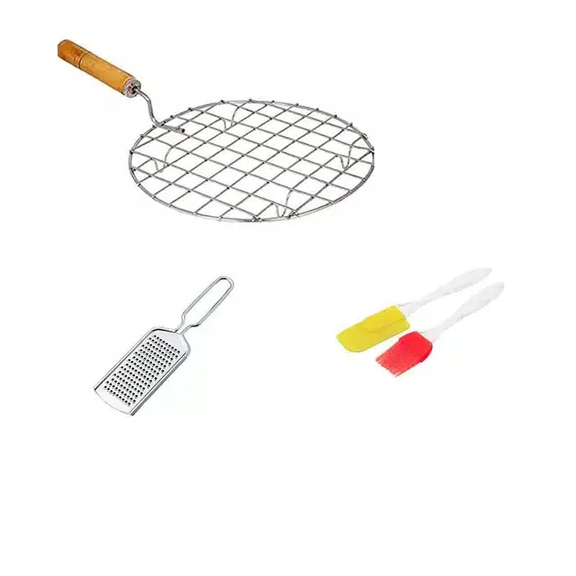 Stainless Steel Cheese Grater,Steel Wire Roaster with Wooden Handle & Oil Brush Set, Combo of 3