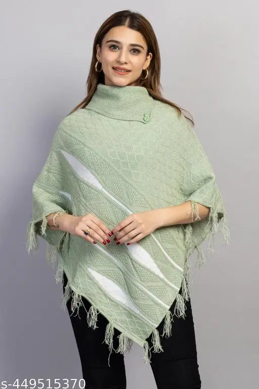 Woolen Poncho for Women (Mint Green, Free Size)