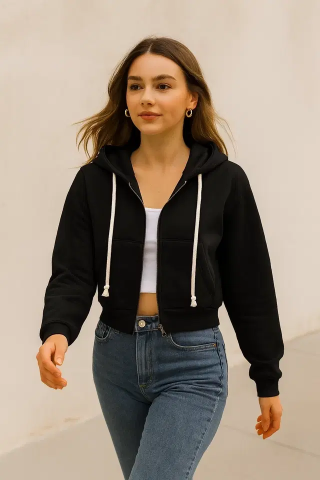 Women's Solid Zipper Long Sleeve Round Neck Hoodie, Black (M)