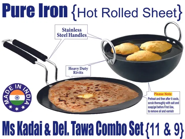 Iron Non Coated Kadai, 2.5 L with Tawa, Black, Set of 2