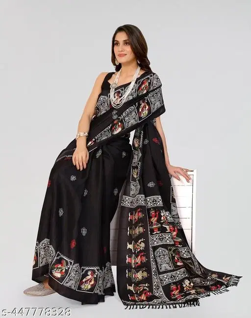 Art Silk Printed Saree for Women, Black (6.3 m)