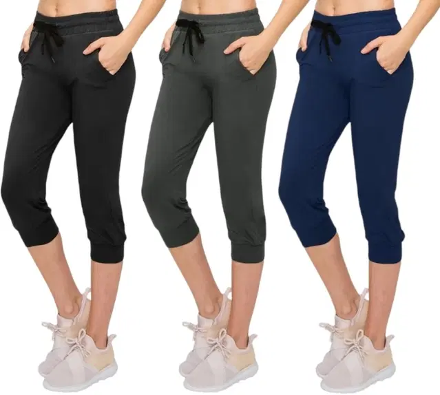 Cotton Solid Capris for Women, Pack of 3 (Multicolor, L)