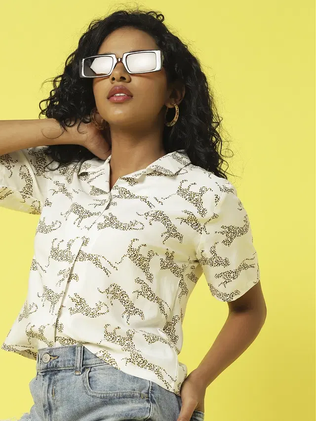 Half Sleeves Printed Shirt for Women (White, L)