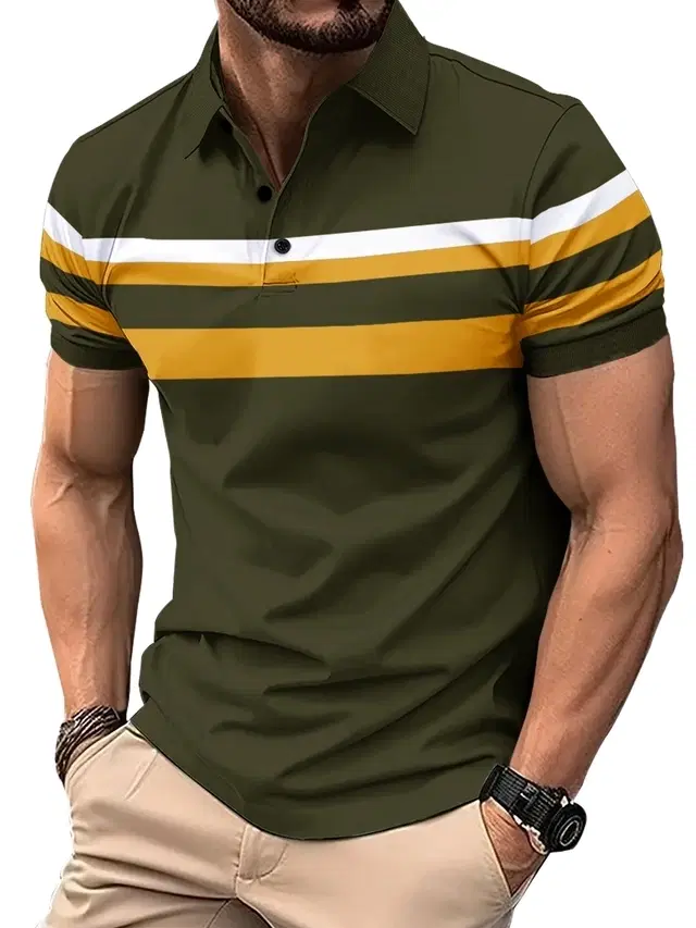 Polo Neck T-Shirt for Men (Olive, M)