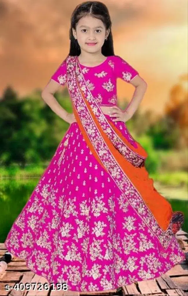 Satin Lehenga Cholis with Dupatta for Girls (5-6 Years, Pink)