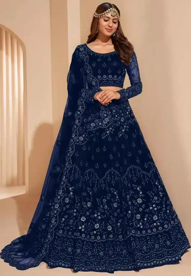 Net Embroidred Semi Stiched Lehenga Choli for Women (Blue)