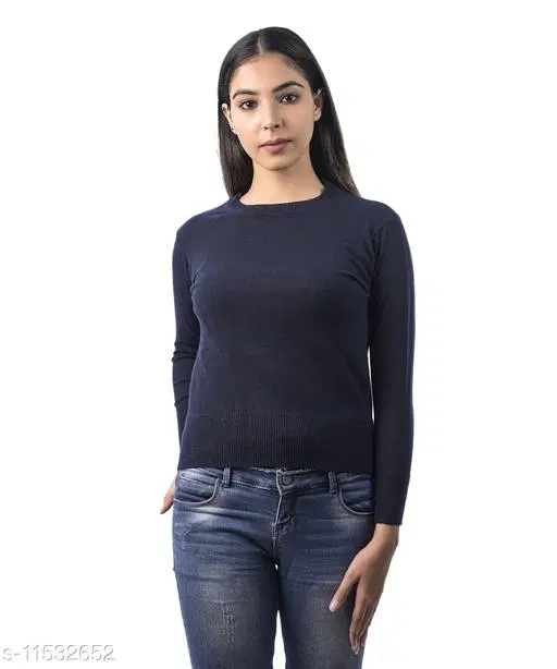 Acrylic Solid Sweater for Women (Navy Blue, L)