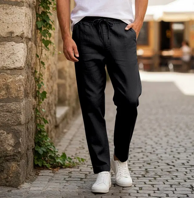Linen Trousers for Men (Black, 32)