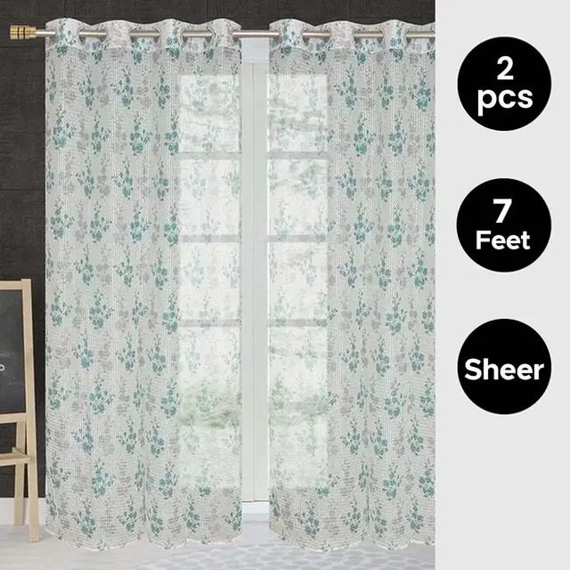 Sheer Floral Branches Printed Blue Flower Door Curtain 7ft Combo (Pack of 2)