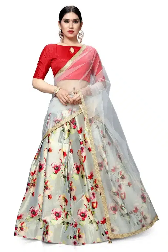 Digital Printed Unstitched Lehenga Choli for Women (White & Red)