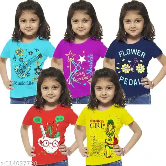 Cotton Half Sleeves T-Shirt for Girls, Pack of 5 (Multicolor, 1-2 Years)