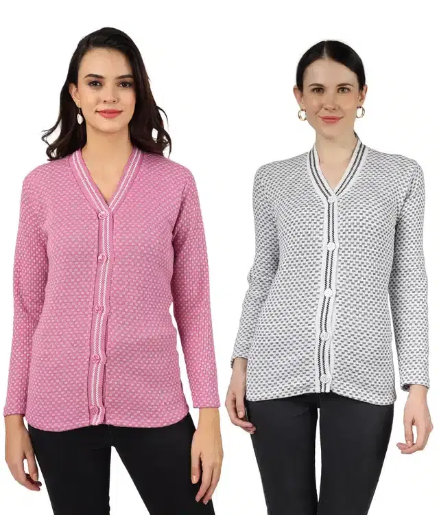 Woollen Blend Full Sleeves Cardigan for Women, Pack of 2 (Purple & White, M)