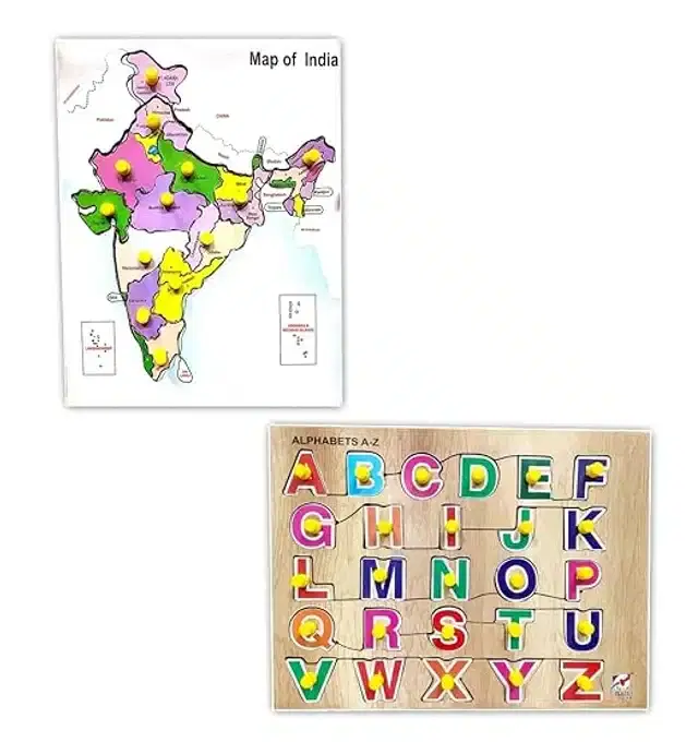 Wooden Educational Puzzle with Map for Kids, Multicolor, Set of 2