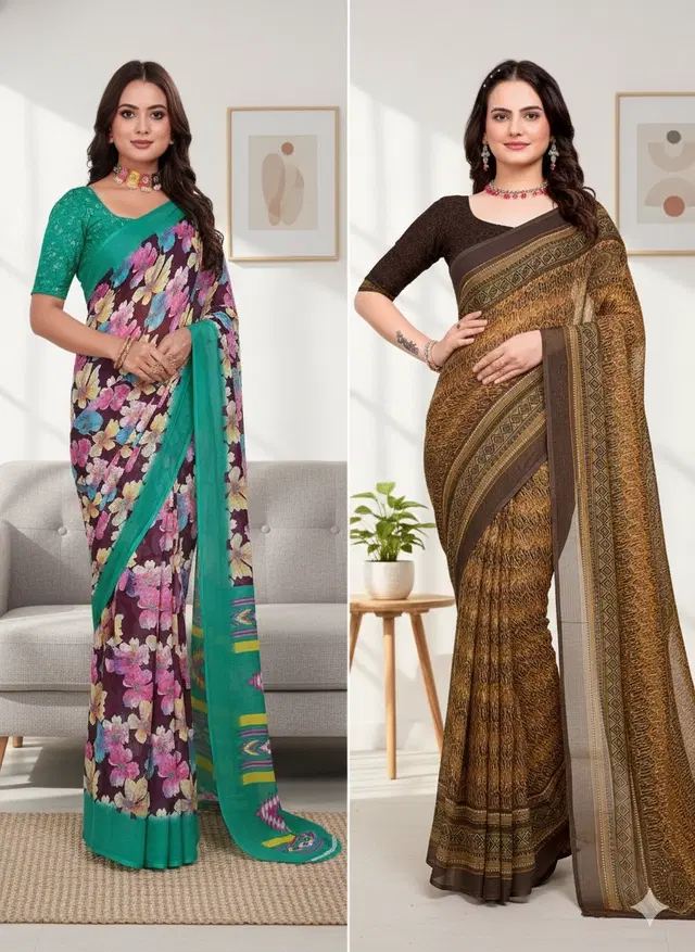 Georgette Printed Saree for Women, Multicolor, Pack of 2 (6.3 m)