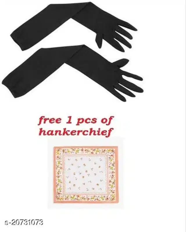 Cotton Hand Gloves with Handkerchief for Women, Set of 2 (Black)