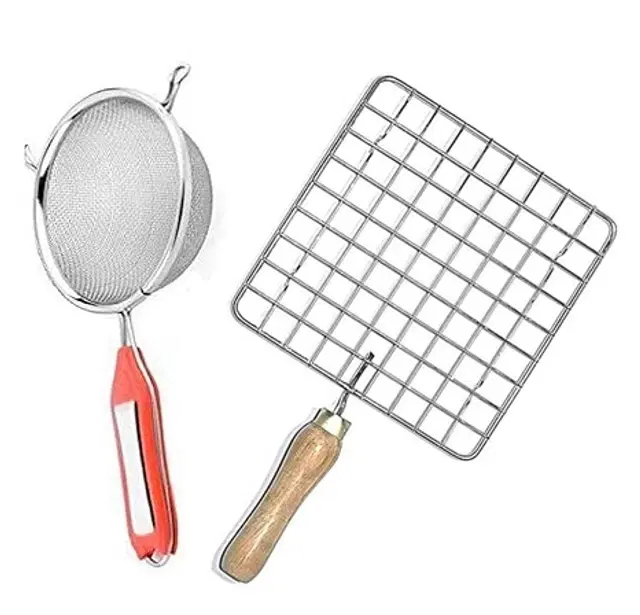 Stainless Steel Milk & Tea Strainer with Square Roaster for Kitchen, Multicolor, Set of 2