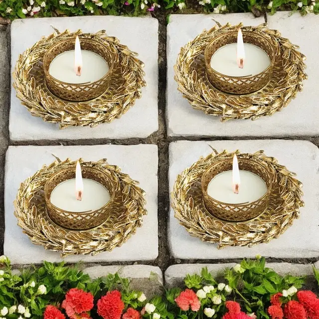 Metal Designer Tealight Candle Holder, Gold, 8x8x2 cm, Pack of 4