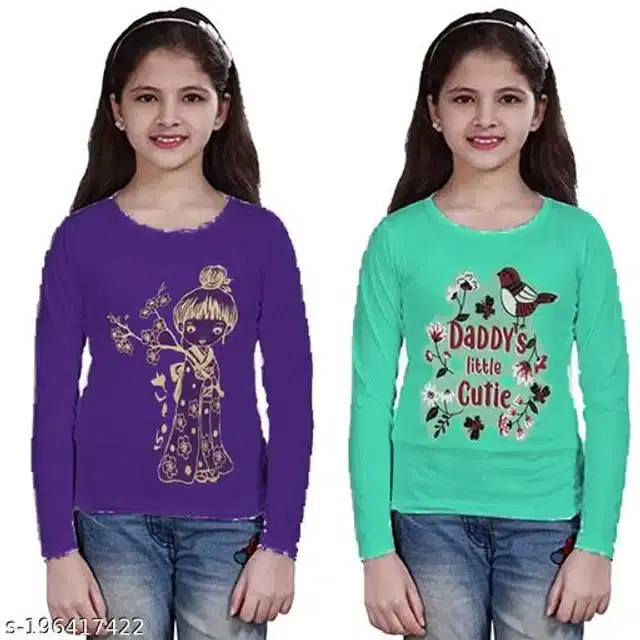 Cotton Full Sleeves T-Shirt for Girls, Pack of 2 (Purple & Mint Green, 6-7 Years)